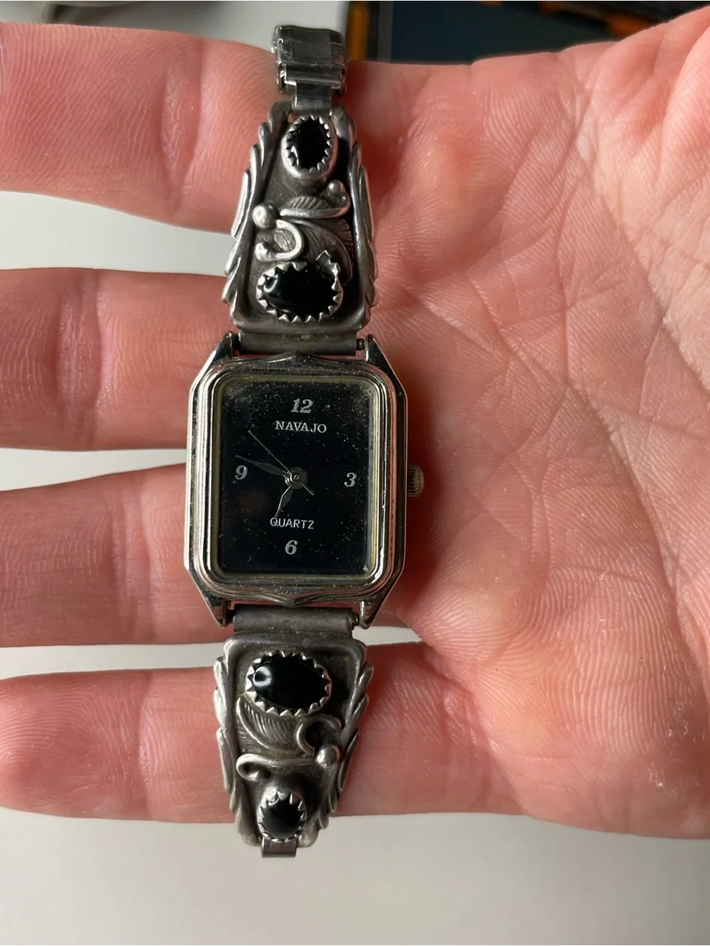 vintage Navajo quartz watch sterling silver and onyx stones